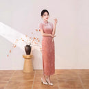 Pink Jacquard Short Sleeve Qipao Dress | Mandarin Collar Slim Midi Cheongsam