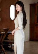 Ivory Jacquard Qipao Midi | Mandarin Collar 3/4 Sleeves, Slim Fit