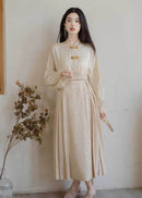 Cream Jacquard Mamian Skirt Set | Mandarin-Collar Puff-Sleeve Top