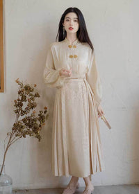 Cream Jacquard Mamian Skirt Set | Mandarin-Collar Puff-Sleeve Top