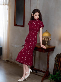 Wine-Red New-Chinese Qipao Dress | Mandarin Collar Slim Midi with Side Slits