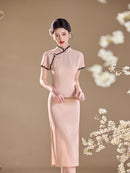 Pink Lace-Trim Qipao Midi Dress | Mandarin Collar Slim Cheongsam with Side Slit