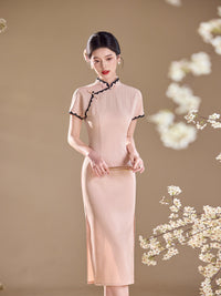 Pink Lace-Trim Qipao Midi Dress | Mandarin Collar Slim Cheongsam with Side Slit