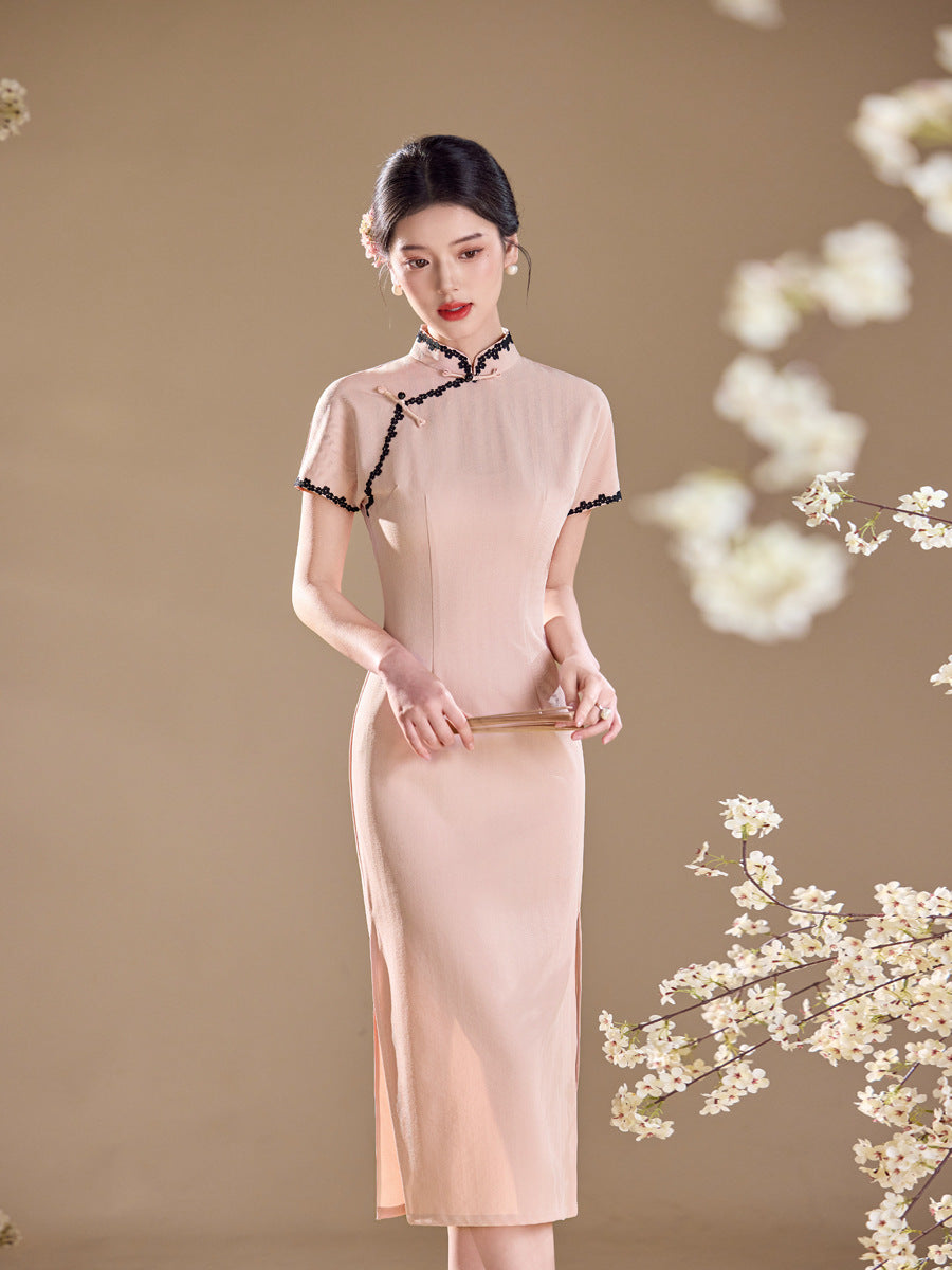 Pink Lace-Trim Qipao Midi Dress | Mandarin Collar Slim Cheongsam with Side Slit