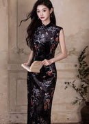 Black Floral Vintage Sleeveless Slim Qipao Gown