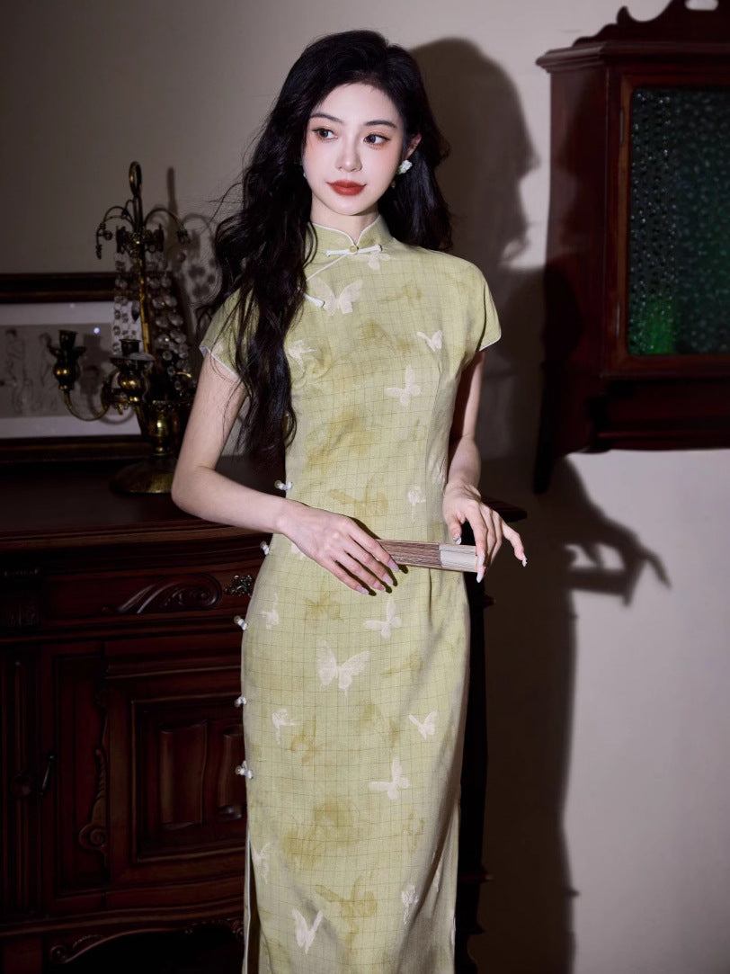 Butterfly Print Modern Qipao Maxi | Mandarin Collar & Frog Buttons