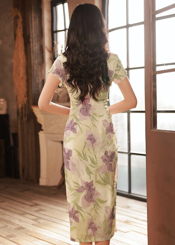 Breathable Linen-Feel Floral Qipao | Soft Green & Lilac Iris