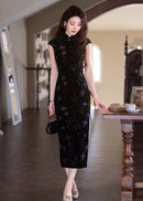 Black Stretch Long Qipao | Modern Mandarin Slim Evening Gown
