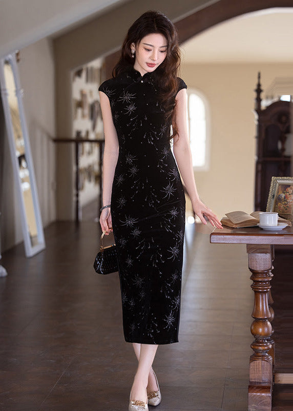 Black Stretch Long Qipao | Modern Mandarin Slim Evening Gown