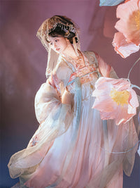 Elegant Hanfu Dress with Floral Embroidery, Soft Pastel Colors