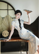 Ivory Blue Floral Qipao Dress | Mandarin Collar Slim Split Cheongsam Maxi