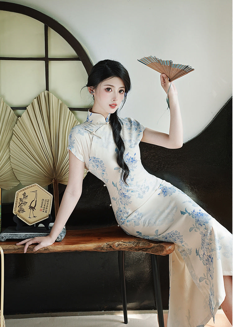Ivory Blue Floral Qipao Dress | Mandarin Collar Slim Split Cheongsam Maxi