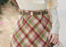 High-Waist Plaid Wool Skirt Set | Two Knit Tops Options