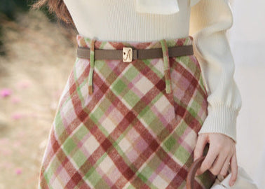 High-Waist Plaid Wool Skirt Set | Two Knit Tops Options