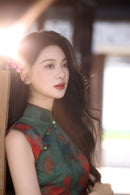 Pine-Green Watercolor Floral Qipao | Sleeveless Slim Long Dress with Side Slit