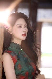 Pine-Green Watercolor Floral Qipao | Sleeveless Slim Long Dress with Side Slit