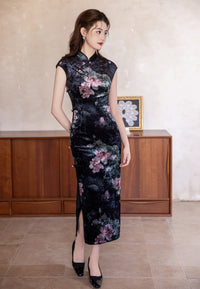Black Vintage Floral Qipao Maxi | Mandarin Collar & Frog Buttons