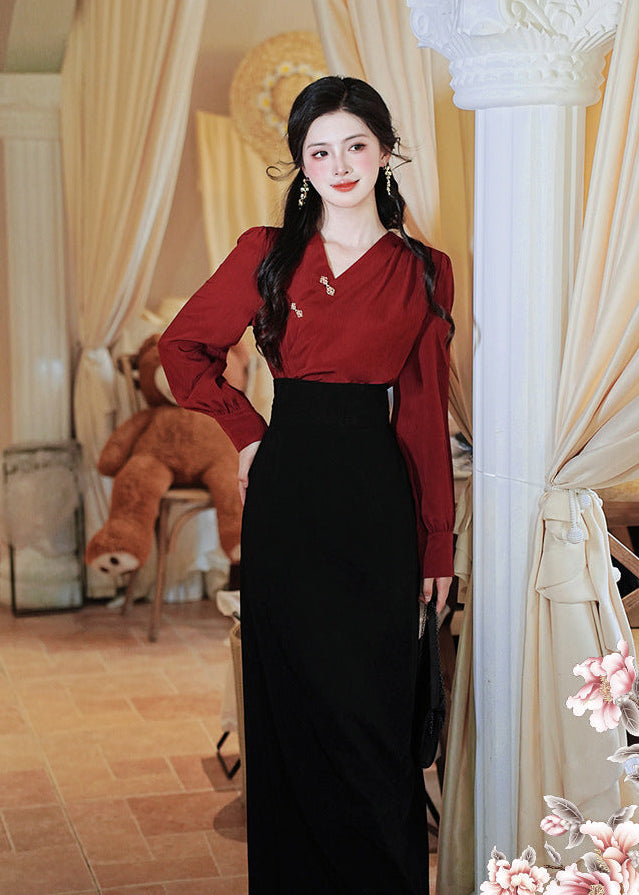 Modern Chinese Two-Piece Set – Red Pleated Top with Frog Buttons | High-Waist Straight Maxi Skirt