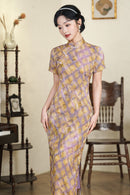 Vintage Checkered Qipao Long Dress | Golden-Violet Gradient Plaid