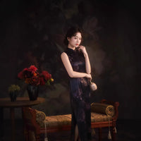 Black Floral Sleeveless Slim Qipao Dress | Mandarin Collar Frog Buttons Bodycon Side Slit Wedding Banquet Gown