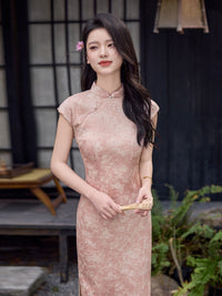 Pink Floral Lace Jacquard Qipao Maxi Dress | Mandarin Collar Slim Slit Cheongsam
