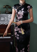 Black Silk Floral Qipao Dress | Slim-Fit Long Mandarin