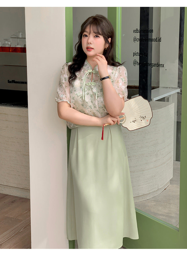 Plus Size New Chinese Style Frog Button Blouse & Slip Dress Set | Green/Black Option Elegant Two-Piece Outfit