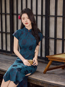 Teal Blue Rose Jacquard Short Sleeve Qipao Maxi Dress | Mandarin Collar Slim Slit Cheongsam