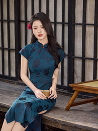 Teal Blue Rose Jacquard Short Sleeve Qipao Maxi Dress | Mandarin Collar Slim Slit Cheongsam
