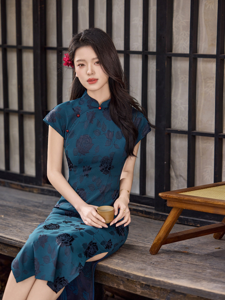 Teal Blue Rose Jacquard Short Sleeve Qipao Maxi Dress | Mandarin Collar Slim Slit Cheongsam