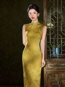 Gold Tonal Jacquard Sleeveless Qipao Dress | Mandarin Collar Slim Midi Cheongsam
