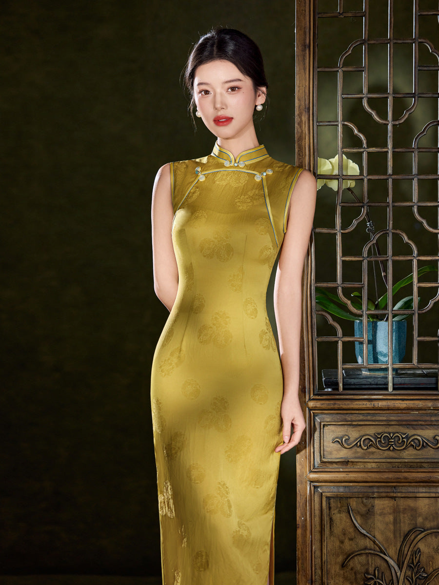 Gold Tonal Jacquard Sleeveless Qipao Dress | Mandarin Collar Slim Midi Cheongsam