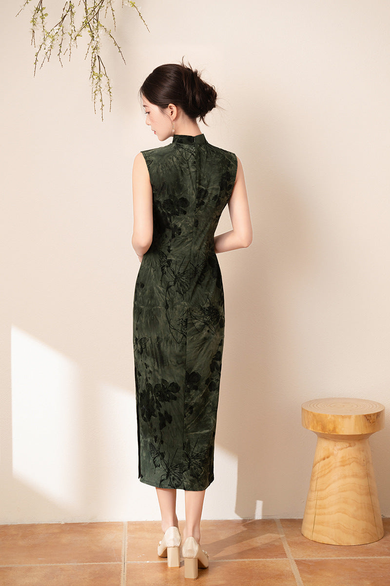 Forest Green Jacquard Sleeveless Qipao Dress | Mandarin Collar Slim Maxi Cheongsam
