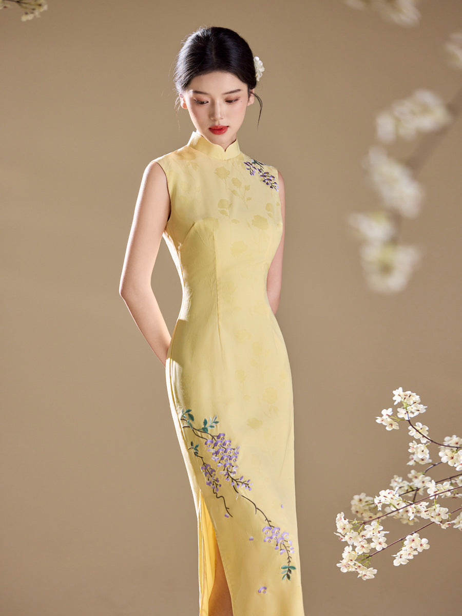 Yellow Jacquard Sleeveless Qipao Maxi Dress | Mandarin Collar Slim Slit Cheongsam