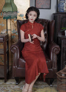 Loose-Fit Red Modern Qipao Dress | Mandarin Collar, Frog Buttons, Side-Slit Elegant Maxi