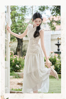 Lace Qipao Gown | Sleeveless White Mandarin Maxi Dress