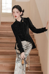 Vintage Velvet Black Top with Embroidered Silk Skirt