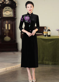 Embroidered Modern Qipao Maxi | Wine Red/Purple/Black | Mandarin Collar 3/4 Sleeves