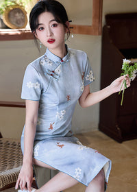 Blue Modern Qipao Mini | Petite Slim Fit & Retro Short-Sleeve for Summer