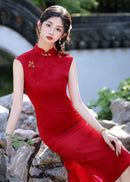 Scarlet Jacquard Qipao | Sleeveless Slim Mandarin Midi