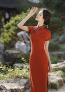 Vintage Brick-Red Slim Cheongsam | Mandarin Collar Diagonal Placket Frog Buttons