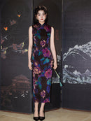Black Base Purple-Blue Sleeveless Qipao Dress | Mandarin Collar Slim Midi Cheongsam
