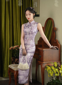 Purple Floral Branch Qipao Dress for Women | Mandarin Collar Frog Button Slim Fit Elegant Dress