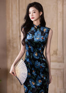 Blue Floral Vintage Sleeveless Slim Qipao Dress