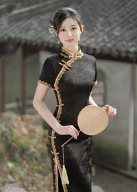 Black Mandarin Collar Qipao | Exquisite Tassel Detail Slim Fit Dress