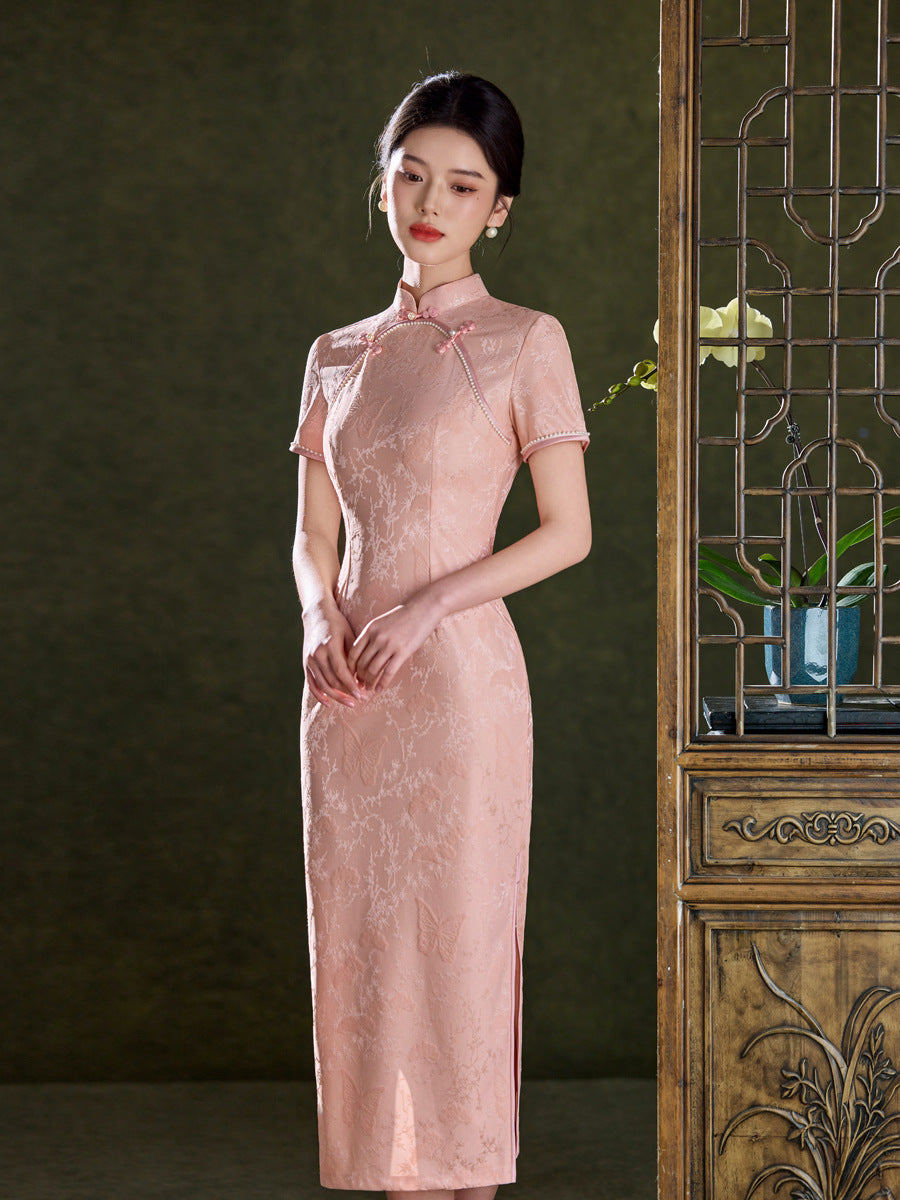 Champagne Pink Tonal Jacquard Short Sleeve Qipao Maxi Dress | Mandarin Collar Slit Cheongsam
