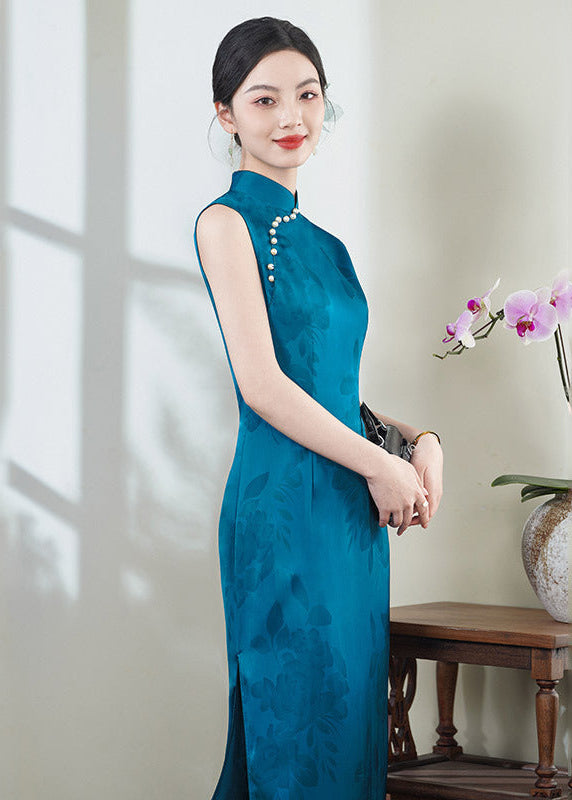 Peacock-Blue New-Chinese Qipao Dress | Sleeveless Mandarin Collar