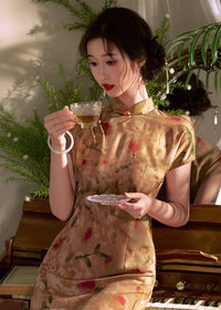 Classic Shanghai Qipao | Summer Cap-Sleeve Mandarin Maxi with Ink Floral