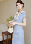 Blue Sailor Bow Qipao Dress | Slim Side-Slit, Retro Chic