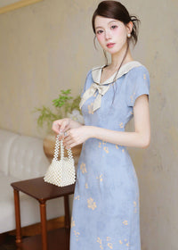 Blue Sailor Bow Qipao Dress | Slim Side-Slit, Retro Chic